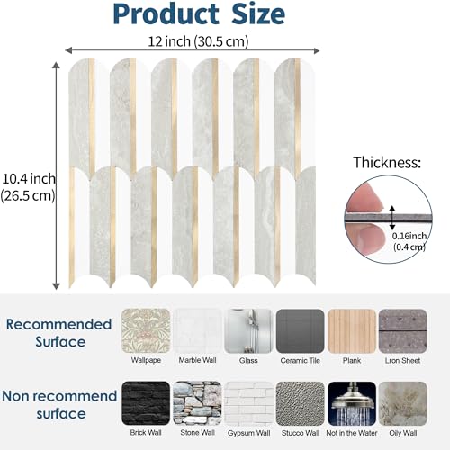 OYAISIMI 10 Sheets Seamless Peel and Stick Backsplash Tile for Kitchen,White and Gray Stone PVC Mixed Light Gold Self Adhesive Fish Scale Metal Mosaic Tiles - color: Gray Stone+Pure White+Light Gold