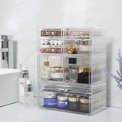 Cq acrylic Clear Stackable Storage Drawers,Plastic Makeup Organizer and Bathroom Storage Bins WIth 9 Drawers For Make up,Medicine,Craft,Pen,Beauty and Office Supply Organizer - size: Large 9 Drawers