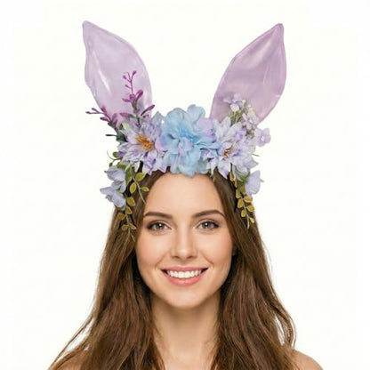 Women Easter Bunny Ears Headband Flowers Crown Rabbit Ears Party Headwear - color: purple