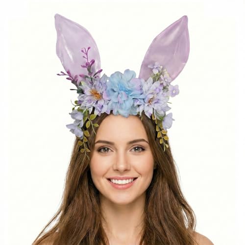 Women Easter Bunny Ears Headband Flowers Crown Rabbit Ears Party Headwear - color: purple