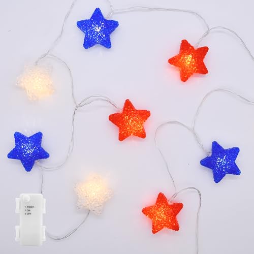 YOLIGHT 4th of July Decorations, Red White Blue Lights Star String Lights Battery Operated 6.5FT 10 LED Patriotic Fairy Light with Timer for Independence Day Memorial Day Decor, Indoor & Outdoor - style: Patriotic Stars