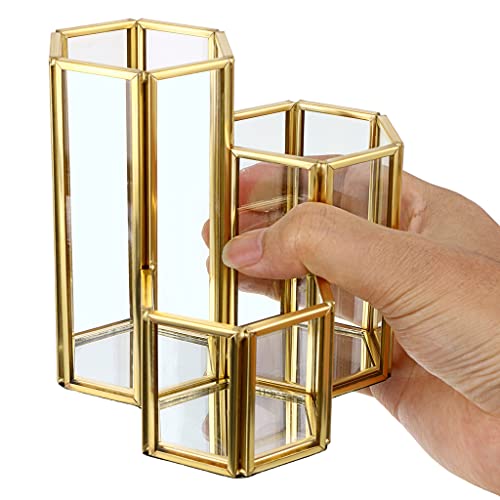 Hipiwe 3 Slots Glass Makeup Brush Holder - Gold Hexagon Cosmetics Brush Eyeliners Display Cup Home Decorative Makeup Organizer Desktop Pen/Pencil Pot Holder for Office - style: 3-Slot Hexagon,Gold