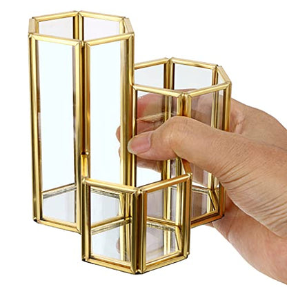 Hipiwe 3 Slots Glass Makeup Brush Holder - Gold Hexagon Cosmetics Brush Eyeliners Display Cup Home Decorative Makeup Organizer Desktop Pen/Pencil Pot Holder for Office - style: 3-Slot Hexagon,Gold