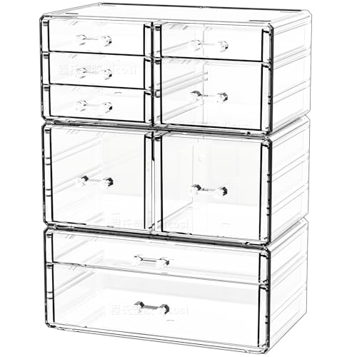 Cq acrylic Clear Stackable Storage Drawers,Plastic Makeup Organizer and Bathroom Storage Bins WIth 9 Drawers For Make up,Medicine,Craft,Pen,Beauty and Office Supply Organizer - size: Large 9 Drawers