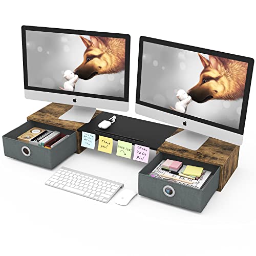 WESTREE Dual Monitor Stand Riser with Two Drawers, Extra Large Storage for 2 Monitors, Desktop Oraganizer Computer,Laptop,Screen,Printer,TV - color: Rustic Brown