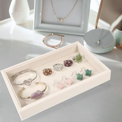 9" x 5.7" Velvet Jewelry Tray Jewelry Display Tray, Stackable Empty Plate Trays for Earrings Necklaces Bracelet Rings Display Showcase - Light Khaki - color: Light Khaki, size: Flat Tray 9"x5.7"