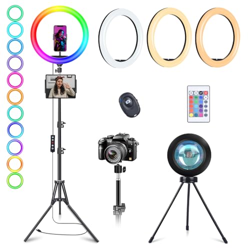 13" Selfie Ring Light with Stand 76" Tall & Phone Holders,Sunset Lamp, Tablet Holder,Desk Tripod& 51 Color Modes, Ring Light Tripod for iPhone,Video Recording,Live Streaming(TikTok/YouTube/Instagram) - size: 13 Inch