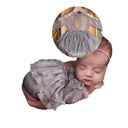 Newborn Photography Outfits Girl Baby Photo Tutu Dress Newborn Photoshoot Romper Baby Picture Lace Outfit - color: Grey
