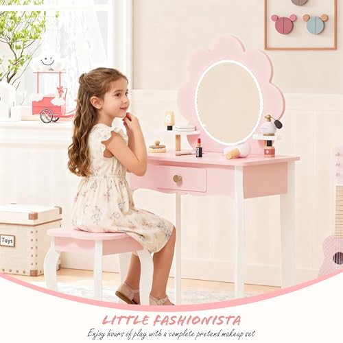 Spirich Kids Vanity, Girls Vanity Set with Mirror and Stool and Lights, Kids Vanity Table and Chair Set, Wooden Princess Makeup Desk Dressing Table (Flower Shape with LED Strip) - size: Flower Shape with LED Strip