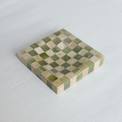Marble Stone Green Onyx with Travertine Checkerboard Square Small Splicing Mosaic Tray Jewelry Dish (Green and Beige)