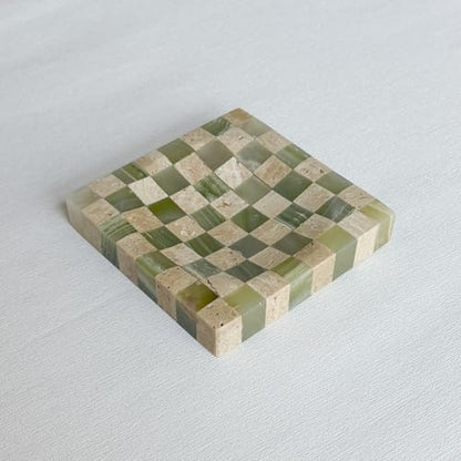 Marble Stone Green Onyx with Travertine Checkerboard Square Small Splicing Mosaic Tray Jewelry Dish (Green and Beige)