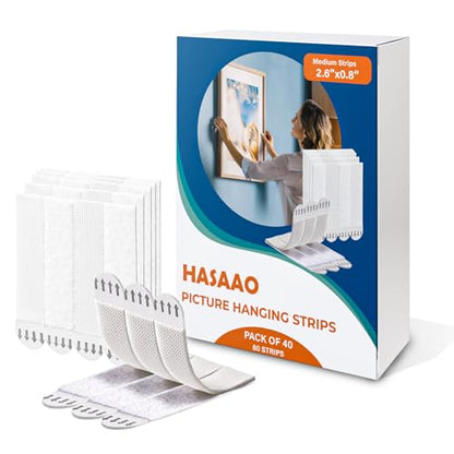 HASAAO Picture Hanging Strips, Medium 80 Strips (40 Pairs), Damage Free Wall Hangers for Frames and Posters, Heavy Duty Removable Adhesive Hook and Loop Tape, No Nails Needed, White - style: Medium 40 Pairs