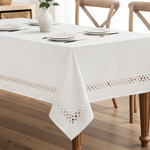 MIULEE White Rectangle Linen Polyester Tablecloth with Decorative Cutouts Spring Waterproof Stain Resistant & Shrink-Proof Table Cloth 60x104 inch Farmhouse Style for Dining Wedding and Outdoor - color: White, size: 104" x 60" (Rectangular)
