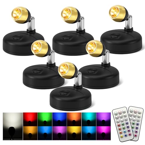 KINDEEP Mini Spotlight for Displays Indoor: LED Uplighting Wireless, RGB Spot Lights with Remote, Timer＆Dimmable, Picture Lights for Painting, Artwork, Accent Lighting, Black, 6 Pack - color: Black, size: 6 Pack