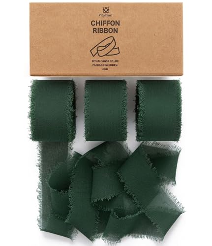 Vitalizart Dark Green Chiffon Silk Ribbon 1" x 21 Yd Fringe Fabric Package (3 Rolls * 7 Yd) for Wedding Invitations Bridal Bouquets Decorations Gifts Wrapping & Bow Making - color: dark green