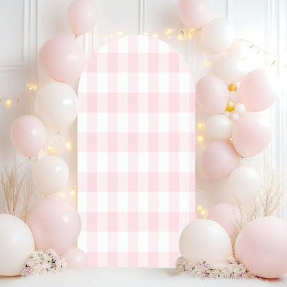 Wedding Arch Backdrop Cover 7.2FT Pink White Plaid Texture Seamless Fabric Checkered Gingham Spandex Fitted Arch Cover Round Top Stands Cover for Birthday Party Ceremony Banquet Decoration - size: 7.2x4 FT