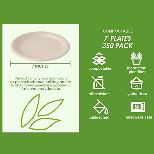 Vplus 350 Pack Paper Plates 7 inch 100% Compostable, Heavy-Duty Disposable Paper Plates Bagasse Natural Biodegradable Eco-Friendly Sugarcane - color: Nature, style: 7 IN Round Plates
