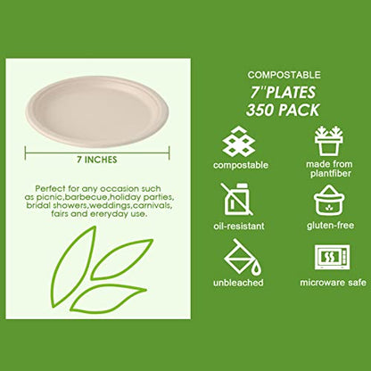 Vplus 350 Pack Paper Plates 7 inch 100% Compostable, Heavy-Duty Disposable Paper Plates Bagasse Natural Biodegradable Eco-Friendly Sugarcane - color: Nature, style: 7 IN Round Plates
