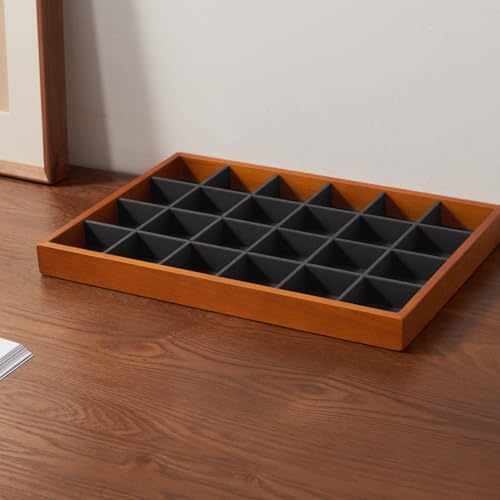 Oirlv 24 Grid Wood Jewelry Tray Microfiber Interior Jewelry Drawer Organizer Showcase Display Box Ring Earrings Holder(Grey) - color: Grey 24 grid tray