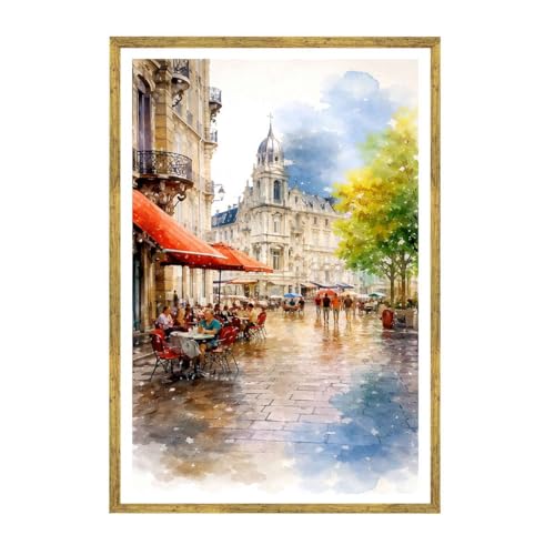 Framed Paris Street Caf Scene Canvas Print Vintage Modern Poster Wall Art Painting Pictures Elegant Wall Decor for Living Room Bedroom Home Decor Decoration (24L x36W,Gold Framed) - size: 24l"x36w"