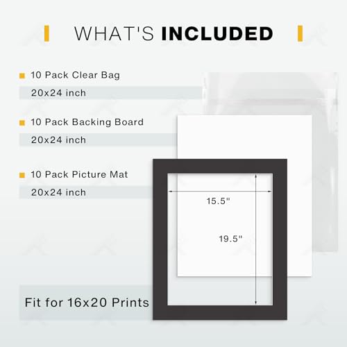 Golden State Art, Pack of 10, Pre-Cut 20x24 Black Picture Mat Kit for 16x20 Photo, 10 White Core Bevel Cut Mattes, 10 Backing Boards and 10 Clear Bags - color: Black, size: 20x24 for 16x20 (10 Pack)