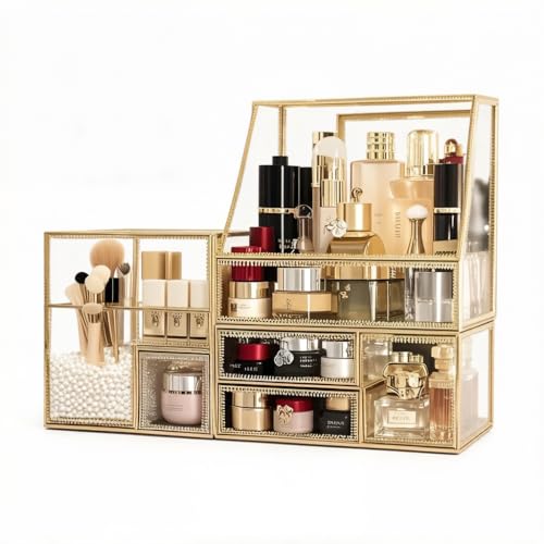 Luxury Stackable Glass Cosmetic Organizer 3-Piece Set-Durable,Premium Shatterproof Vanity Storage,Artisan-Design for High-End Bathroom&Makeup Counter Decor(gold) - color: Gold
