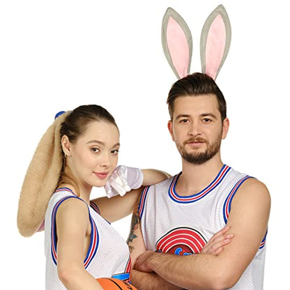Funcredible Bunny Ears Headband & Hairtie Set – Gray Rabbit Ear Headband with Brown Floppy Scrunchie – Costume Headwear for Women and Men
