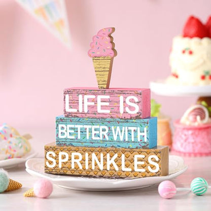 Geelin 4 Pieces Summer Ice Cream Table Wooden Decorations Ice Cream Wood Sign Centerpiece Home Decor Bar Party Decorations Blocks Tiered Tray Table Top Sign for Home - style: Ice Cream