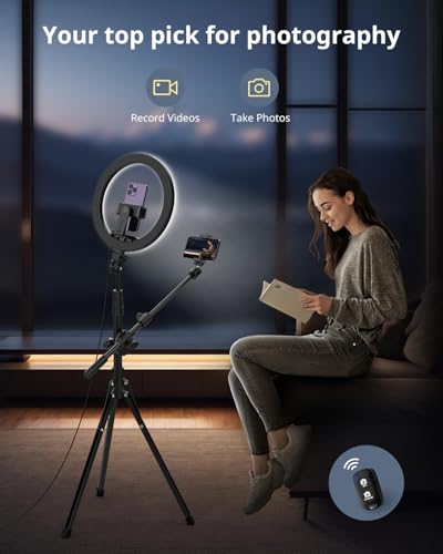 UBeesize 12" Ring Light with Overhead Phone Mount, Selfie Light with Stand,62" Tripod for iPhone with Light and Phone Holder for Video Recording,Cooking,Photography,Live Streaming,Tiktok,YouTube - size: 12in-Tripod