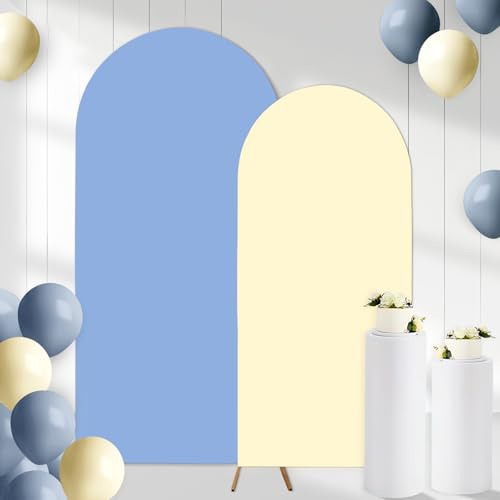 2PCS Arch Backdrop Covers Haze Blue Cream Color (7.2ft+6ft) , Spandex Fitted Arch Stand Covers Background for Wedding Baby Shower Birthday Bridal Shower Party Decorations(Only Covers) - color: Blue & Cream, size: 7.2FT/6FT