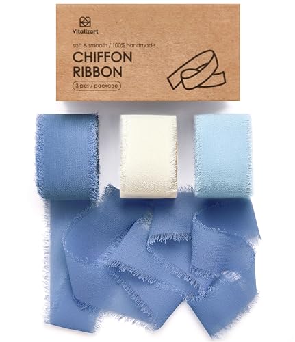 Vitalizart Dusty & Baby Blue Chiffon Silk Ribbon 1" x 21 Yd Fringe Fabric Package (3 Rolls * 7 Yd) for Wedding Invitations Bridal Bouquets Decorations Gifts Wrapping & Bow Making - color: White & Blue