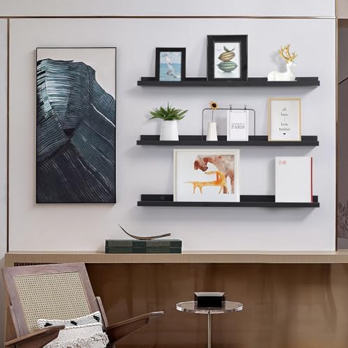 MBYD 48 Inch Long Dark Black Floating Photo Shelves with Lip, Picture Ledge Shelf Set of 3 Same Sizes, Wall Mounted Wooden Shelf for Bedroom Bathroom Kitchen Bathroom Living Room - color: Black, size: Set of 3 48 in