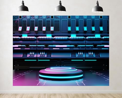 Trykid 6x6ft Cyberpunk Server Room Podium Backdrop Futuristic Neon Glowing Stage Sci Fi Photography Background Product Display Party Decoration Tapestry Photo Booth Prop Fabric - size: 6x6ft