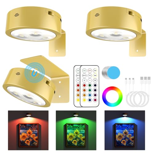 3 Pack Picture Lights for Wall, 13 RGB Color Rechargeable Battery Operated wall lights, Picture Frame lights with 3 Lighting Modes, Wireless Magnetic Painting Light with Remote Control Timer (Golden) - color: Golden (RGB), size: 3 Pack