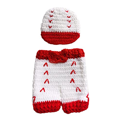 Newborn Baby Photo Shoot Props Girl Boy Crochet Knit Hat Costume Stripe Hat Pants Overalls Photography Props - color: Red and White