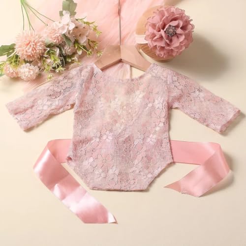 Newborn Photography Outfits Girl Newborn Photography Props Lace Romper with Headband Infant Photo Shoot Outfits Girls Photo Props Baby Girl Photoshoot - color: Bow Pink