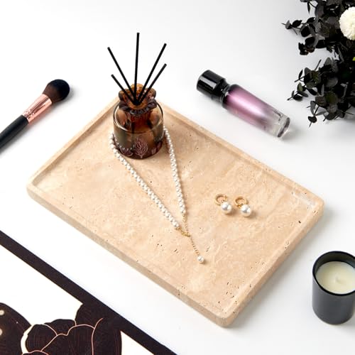 Light Beige Travertine Tray, 11.8"x7.8" Large Rectangular Marble Vanity Tray for Bathroom Counter, Catchall for Perfume, Jewelry, Cosmetics, Stone Organizer for Dresser & Coffee Table - color: Rectangle-beige Travertine (11.8" X 7.8" X 0.7")