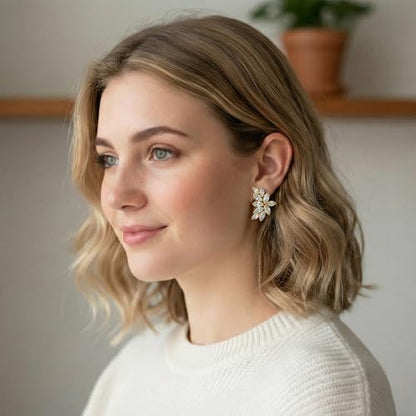 Mariell Clip-On Cubic Zirconia Crystal Bridal Earrings, Marquise Shape CZ Curved Clusters, Women Earrings for Wedding, Bridesmaids, Homecoming, Mother of the Bride - color: Rose Gold Clip On