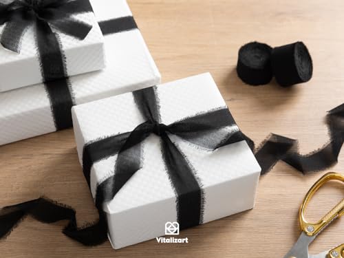 Vitalizart Black Chiffon Silk Ribbon 1" x 21 Yd Fringe Fabric Package (3 Rolls * 7 Yd) for Wedding Invitations Bridal Bouquets Decorations Gifts Wrapping & Bow Making - color: Dark Black