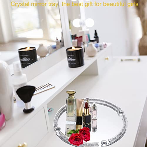 Crystal Dresser Tray, Mirror Glass Makeup Vanity Organizer Filled Crushed Diamond, 10" x 10" Round Jewelry Trinket Perfume Tray for Bathroom Bedroom, Home Decor, Hotel Banquet, Party (Silver) - color: Silver B
