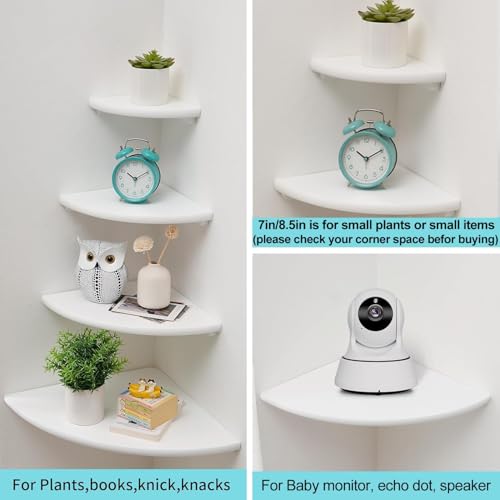 Corner Shelf, Solid Oak Wood Floating Corner Shelf Wall Mount Round End Floating Speaker Shelves with Wire Hole for Small Plant Photo Frame for Bedroom Kitchen, Living Room (White, 8.7in) - color: White, size: 8.7in