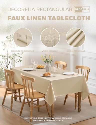 Decorelia Faux Linen Tablecloth for Dining Room, 60 x 144 Inch (12-14 Seats), Beige - color: Beige, size: 144" x 60" (Rectangular)