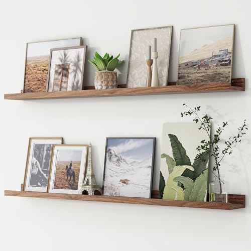 FLYJOE Picture Ledge Shelf, Floating Shelves Set of 2, 48 Inches Long Large Nursery Book Shelves for Toys Storage, Kids Bookshelf Wall Mounted for Living Room Bedroom Decor Books Photo Frames, Walnut - color: Walnut, size: 48'', Set of 2