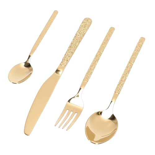 Fabater Gold Flatware Set, 24 Piece 18/10 Stainless Steel Silverware Set, Cutlery Utensil with Includes 6 Dinner Knives Forks Spoons for Restaurant Wedding Party Home Use (Stone Pattern Gold)