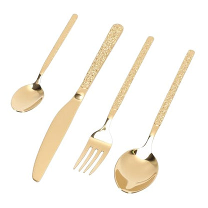 Fabater Gold Flatware Set, 24 Piece 18/10 Stainless Steel Silverware Set, Cutlery Utensil with Includes 6 Dinner Knives Forks Spoons for Restaurant Wedding Party Home Use (Stone Pattern Gold)
