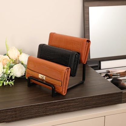 Wallet Display Rack Purse Stand, 3 Layer Display Riser Stainless Steel Metal Countertop Shelf Risers for Showcase Home Boutique Retail Store Black