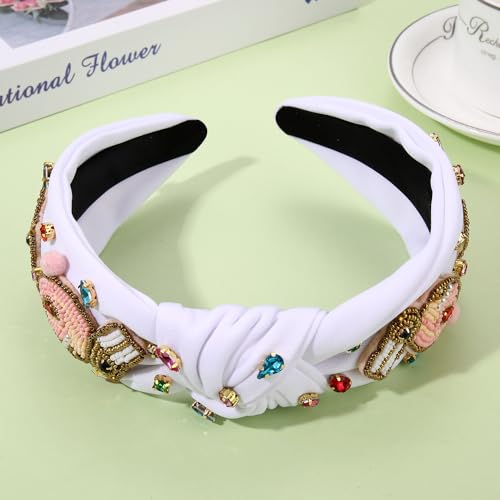 NVENF Easter Headbands for Women Beaded Easter Rabbit Bunny Headband White Pink Crystal Pearl Knotted Hairband Happy Accessories Spring Holiday Headwear Outfits Gifts (Bunny D - White) - color: Bunny D - White