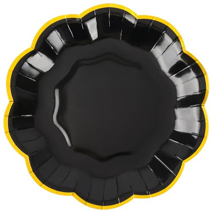 AimFun 48 Pcs Graduation Black and Gold Scalloped Paper Plates 7 Inch Disposable Dessert Plates with Gold Foil Elegant Cake Plate for Wedding Birthday Baby Shower Party Supplies - color: Black