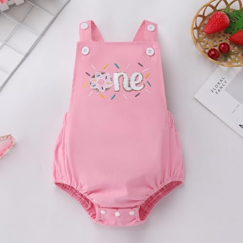 IMEKIS Baby Girls Boys Boho 1st Birthday Outfit Backless Overalls Romper for Cake Smash Photo Shoot - color: Pink Dount One, size: 12-18 Months