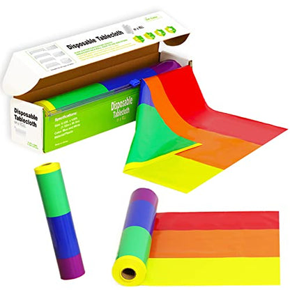 Carnival Pride Rainbow Striped Tablecloth Roll - 52 in x 100 in with Slide Cutter - Plastic Table Cloth Roll - Rainbow Party Table Cover for Indoor and Outdoor Family Parties and Celebrations - color: Rainbow